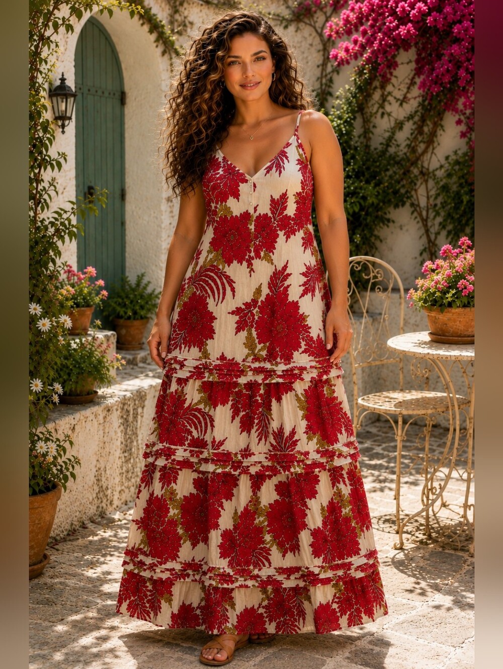 Band of Gypsies Red Floral Tiered A-Line Maxi Dress Large Boho Cottagecore